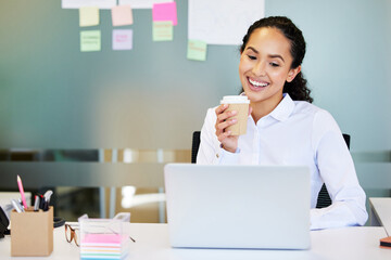 Leinwandbilder - Office, laptop and woman with coffee at desk for administration, hr career and project management. Corporate, receptionist and person on computer with drink for planning schedule, info and research