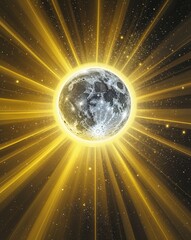 Poster - Bright yellow with radiant moon halo and scattered stardust abstract background