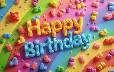 Wall Mural - of Happy Birthday Designed Using Colorful Candy Pieces and Gummy Bears on a Bright Rainbow Background, Playful and Cheerful