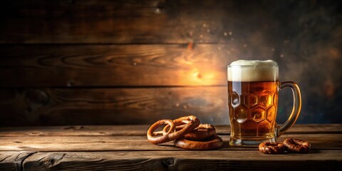 Poster - A Refreshing Beer in a Glass Mug with Crispy Pretzels on a Rustic Wooden Table