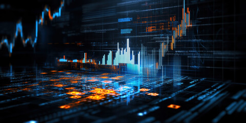 Poster - A stunning digital visualization of financial data analysis, featuring sharp graphs and metrics in vibrant blue and orange hues against a dark background, illuminating trends and insights.