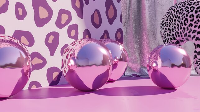 pink balloons on a purple leopard print background with a silver tint.