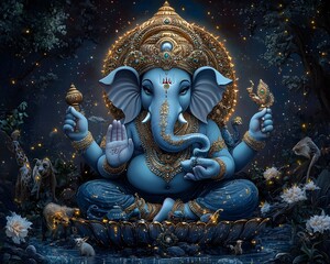 Blue Ganesha in Thailand showcasing ancient stone sculptures and golden carvings, representing Buddhist art and spiritual worship in Asia