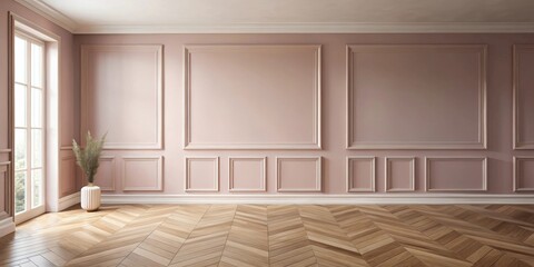Poster - Elegant blush pink room interior with wood herringbone flooring and decorative wall paneling