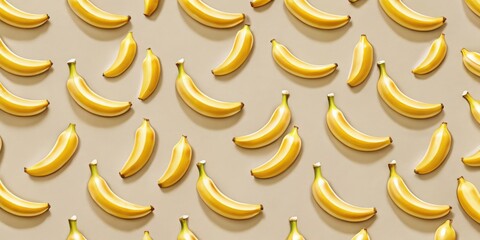 Poster - A vibrant, repeating pattern of ripe yellow bananas arranged on a beige background, showcasing a bright and cheerful aesthetic