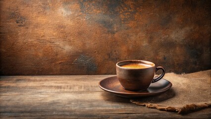 Sticker - Aromatic Coffee in Rustic Setting Dark Brew in Earthenware Cup on Wooden Table