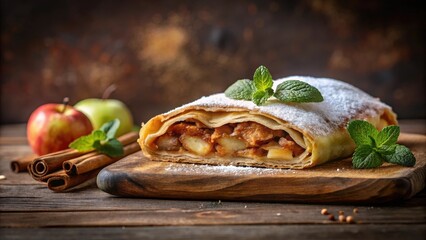 Poster - A delectable apple strudel, dusted with powdered sugar and garnished with fresh mint, rests on a rustic wooden board, accompanied by cinnamon sticks and apples.