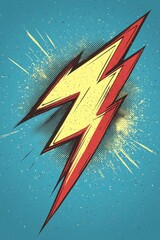 A striking lightning bolt in yellow and red stands out against a bright blue background, showcasing a retro-inspired design that captures attention