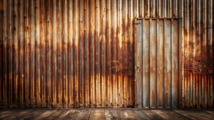 Poster - Rustic Corrugated Metal Wall with Aged Wooden Floor and Single Rusty Door
