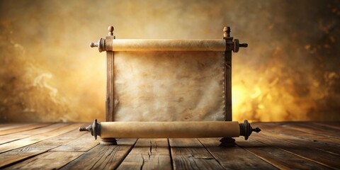 Aufkleber - Ancient Parchment Scroll on Rustic Wooden Table with Warm Background