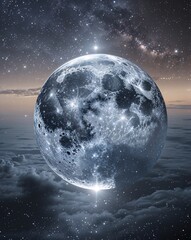 Poster - Cool silver with cosmic moon reflections and faint stars abstract background