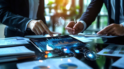 Poster - In a modern office setting, professionals analyze data visualizations on a tablet, collaborating to drive informed business decisions and enhance strategic planning through data-driven insights.