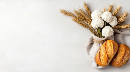 Wall Mural - Wheat, bread, and flowers on table, rustic background. Food blog/website