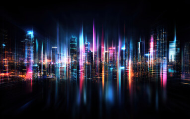 Poster - A vibrant, abstract representation of a futuristic city skyline illuminated by dazzling neon lights, blending a sense of energy and motion into a captivating night scene.