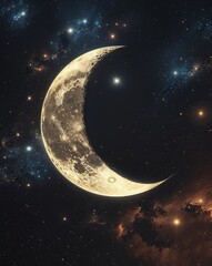 Poster - Cosmic black with deep space stars and a glowing crescent moon abstract background