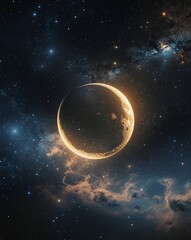 Poster - Cosmic black with deep space stars and a glowing crescent moon abstract background