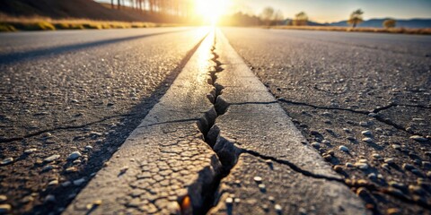 Poster - Cracked Asphalt Road Surface at Sunset, Showing a Deep Central Crack and Aged Texture
