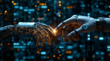 Poster - A human hand and a robotic hand reach towards each other, creating a glowing connection