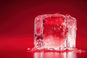 Wall Mural - A single melting ice cube on red background