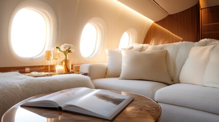 An opulent aircraft cabin featuring plush seating, golden accents, and beautiful window views, ideal for showcasing luxury travel and comfort in the skies.