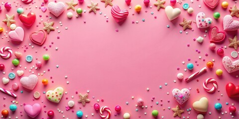 Poster - Pink background festive arrangement with hearts, stars, candy, and sprinkles