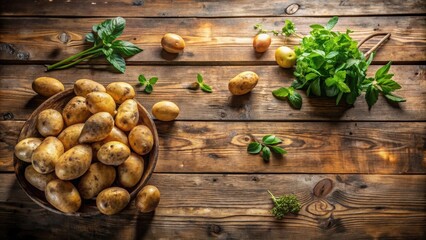 Poster - Rustic wooden table displaying bowl of freshly harvested potatoes, surrounded by sprigs of fresh herbs