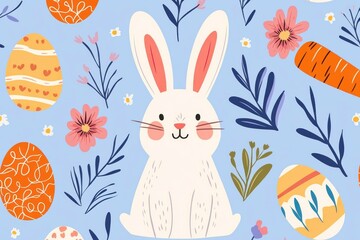 Wall Mural - Cute Easter bunny illustration with colorful eggs and flowers on a blue background, perfect for seasonal decorations and holiday themes