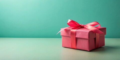Poster - A delicately wrapped pink present with a vibrant ribbon sits on a pale green surface against a teal backdrop