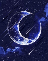 Poster - Dark indigo with shooting stars streaking across the crescent moon abstract background