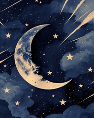 Poster - Dark indigo with shooting stars streaking across the crescent moon abstract background