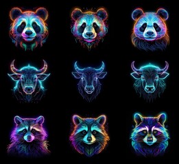 Aufkleber - Nine vibrant animal portraits; panda, bull, and raccoon.  Each creature is depicted in a neon, glowing, abstract style against a black background.  The image features a grid layout.