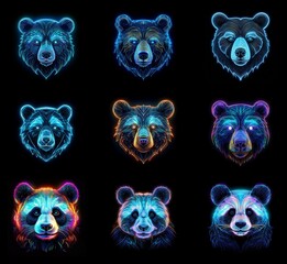 Poster - Nine vibrant bear and panda heads, rendered in glowing neon colors against a black background.  Each head is unique, showcasing variations in color and style.