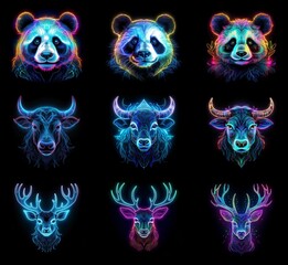 Aufkleber - Nine vibrant animal portraits: pandas and bulls with glowing, neon line art; deer with luminous antlers.  Each head is uniquely colored and detailed.