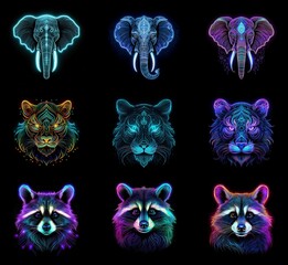 Poster - Nine vibrant animal portraits: elephants, tigers, and raccoons.  Each features a neon, geometric, mandala-like design.  Mystical and colorful, these digital artworks are captivating.