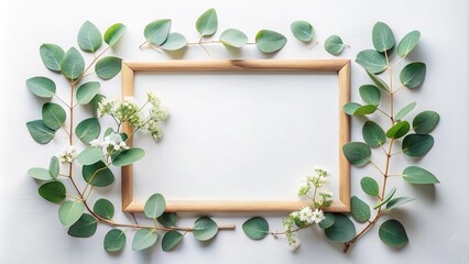 Poster - Simple Wooden Frame Surrounded by Green Leaves and Delicate White Blossoms on a White Background