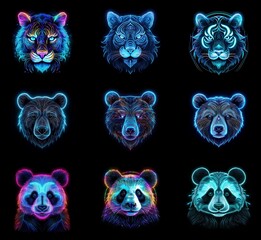 Poster - Nine vibrant animal portraits: tigers and pandas, rendered in a neon, wireframe style against a black background.  Each head is uniquely colored with glowing lines.