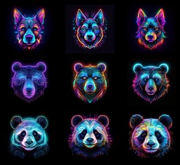 Poster - Nine vibrant animal portraits.  Dogs and bears glow with neon colors, showcasing a striking geometric style.  Each animal has a slightly different variation in color and line work.