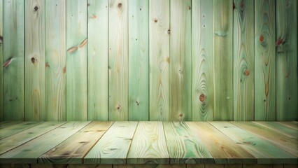 Aufkleber - Rustic Green Wood Paneling Background with Empty Wooden Tabletop Ideal for Product Displays or Mockups