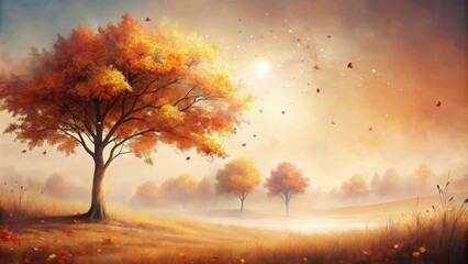 Poster - Autumnal Landscape Majestic Tree in Misty Meadow with Falling Leaves and Golden Light