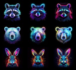 Poster - Nine vibrant animal portraits: raccoons and bears in cool tones, rabbits in warm hues.  Neon, glowing lines create a dynamic, energetic effect against a black background.