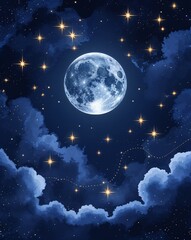 Poster - Deep navy with crescent moon casting soft light over twinkling stars abstract background
