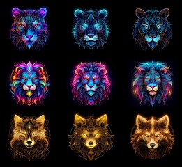 Poster - Nine vibrant, stylized animal portraits: tigers and lions in neon blues and purples, foxes in glowing golds.  Each features intricate details and a mystical aura.