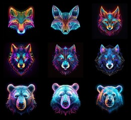 Aufkleber - Nine vibrant, geometric animal portraits: foxes and bears.  Intricate lines and neon colors create a captivating, low-poly effect against a black background.