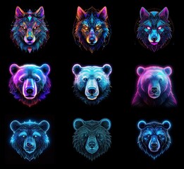 Poster - Nine vibrant, geometric animal portraits. Wolves and bears rendered in glowing, multicolored lines against a black background.  A captivating display of polygonal art.