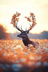 Wall Mural - A regal stag wearing flowered antlers is peacefully resting in a vibrant meadow filled with wildflowers as the sun sets, casting a warm glow