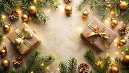 Poster - Festive Holiday Season Presents with Golden Ornaments and Twinkling Lights