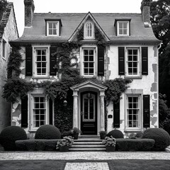 Wall Mural - Normandy style house black and white on plain white background