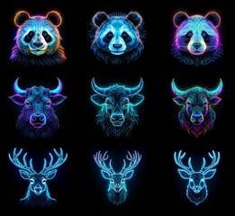 Poster - Nine vibrant animal portraits: pandas and bulls with glowing neon outlines, and deer with antlers, set against a black background.  A digital art style showcases detailed features.