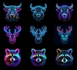 Poster - Nine vibrant animal portraits in neon style.  Bull, deer, and raccoon heads glow with multicolored lines against a black background.  A captivating display of wildlife art.