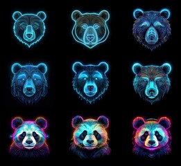 Poster - Nine vibrant, glowing bear and panda heads, rendered in a digital, pointillist style against a black background.  Each head displays unique color variations and subtle design differences.